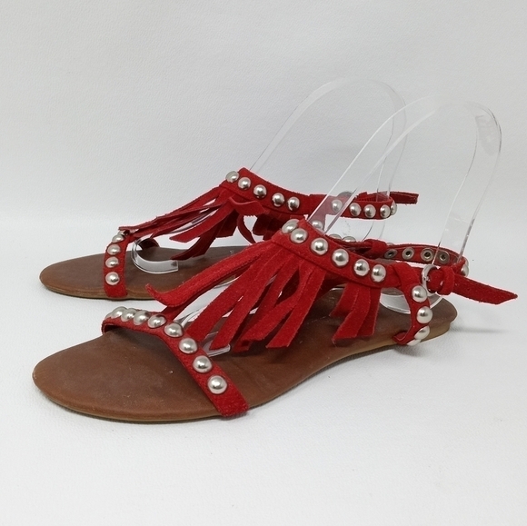 Jeffery Campbell Wink Red Suede Fringe Studded sandals, Women's Size 7. - Picture 1 of 13